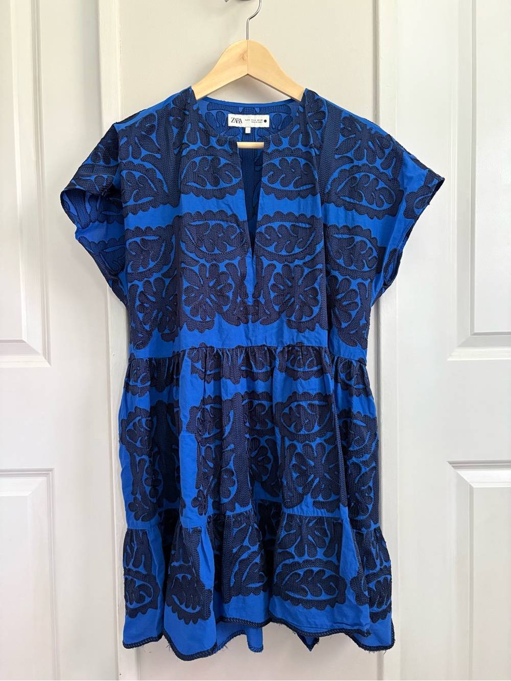 Zara Royal Blue Embroidered Tiered Mini Dress – Size M